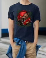 Fierce Bear Helmet Graphic T Shirt Wild Animal Warrior Art - model wearing navy tee with hands in pockets