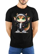 Cute Dragon Streetwear Graphic T Shirt Funny Cartoon Style - model wearing black tee with hands behind back