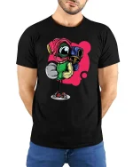 Funny Boxer Robot Cartoon Graphic T Shirt Street Style Art - model wearing black tee with hands behind back