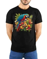 Colorful Parrot Fruit Graphic T Shirt Tropical Nature Art Style - model wearing black tee with hands behind back