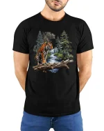 Majestic Tiger Forest River Graphic T Shirt Wildlife Nature Art - model wearing black tee with hands behind back