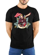 Funny Gangster Bunny Money Graphic T Shirt Street Style Art - model wearing black tee with hands behind back