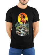 Majestic Horse Sunset River Graphic T Shirt Nature Landscape Art - model wearing black tee with hands behind back