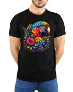 Colorful Parrot Floral Graphic T Shirt Tropical Bird Art Style - model wearing black tee with hands behind back