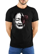 Creepy Split Face Monster Graphic T Shirt Dark Horror Art - model wearing black tee with hands behind back