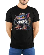 Cool Streetwear Cat Character Graphic T Shirt Urban Cartoon Style - model wearing black tee with hands behind back