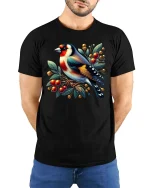 Colorful Songbird Berry Branch Graphic T Shirt Nature Art - model wearing black tee with hands behind back