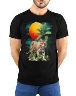 Tropical Tiger Sunset Graphic T Shirt Wild Jungle Nature Art - model wearing black tee with hands behind back