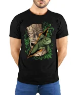 Tribal Turtle Tiki Mask Graphic T Shirt Island Nature Art - model wearing black tee with hands behind back