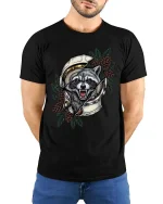 Angry Raccoon Astronaut Graphic T Shirt Space Animal Art - model wearing black tee with hands behind back