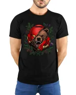 Fierce Bear Helmet Graphic T Shirt Wild Animal Warrior Art - model wearing black tee with hands behind back