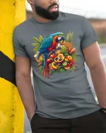 Colorful Parrot Fruit Graphic T Shirt Tropical Nature Art Style - model wearing grey tee, leaning on column