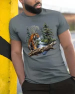 Majestic Tiger Forest River Graphic T Shirt Wildlife Nature Art - model wearing grey tee, leaning on column