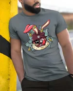 Funny Gangster Bunny Money Graphic T Shirt Street Style Art - model wearing grey tee, leaning on column