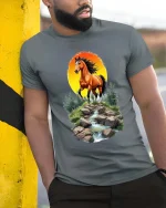 Majestic Horse Sunset River Graphic T Shirt Nature Landscape Art - model wearing grey tee, leaning on column
