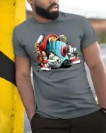 Urban Graffiti Spray Can Character Graphic T Shirt Street Art - model wearing grey tee, leaning on column