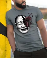 Creepy Split Face Monster Graphic T Shirt Dark Horror Art - model wearing grey tee, leaning on column