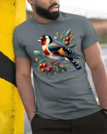 Colorful Songbird Berry Branch Graphic T Shirt Nature Art - model wearing grey tee, leaning on column