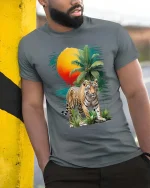 Tropical Tiger Sunset Graphic T Shirt Wild Jungle Nature Art - model wearing grey tee, leaning on column