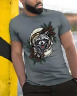 Angry Raccoon Astronaut Graphic T Shirt Space Animal Art - model wearing grey tee, leaning on column