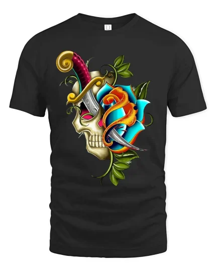Colorful Fantasy Crest Art T Shirt Bold Vintage Graphic Tee - black t-shirt on white background