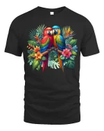Exotic Macaw Birds T Shirt Colorful Nature Graphic Art Tee - black t-shirt on white background