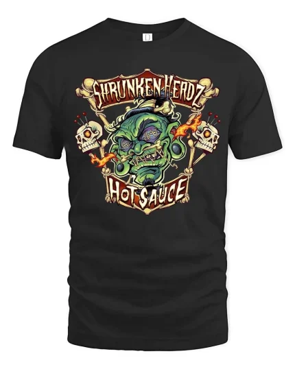 Shrunken Head Hot Sauce Graphic T Shirt Spicy Horror Art Tee - black t-shirt on white background