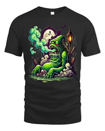 Funny Zombie Swamp Monster Graphic T Shirt Creepy Cartoon Tee - black t-shirt on white background