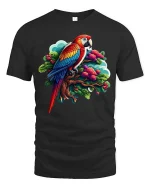 Bright Parrot Illustration T Shirt Tropical Style Graphic Tee - black t-shirt on white background
