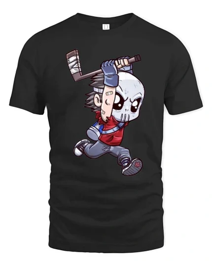 Funny Hockey Mask Cartoon T Shirt Slasher Style Graphic Tee - black t-shirt on white background