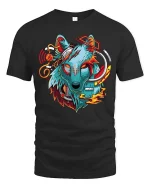 Cyberpunk Wolf Head Graphic T Shirt Futuristic Neon Art Tee - black t-shirt on white background