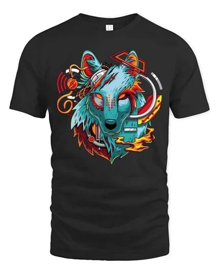 Cyberpunk Wolf Head Graphic T Shirt Futuristic Neon Art Tee - black t-shirt on white background