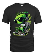 Cool Alien DJ Graphic T Shirt Funny Streetwear Music Vibes - black t-shirt on white background