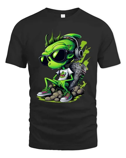 Cool Alien DJ Graphic T Shirt Funny Streetwear Music Vibes - black t-shirt on white background