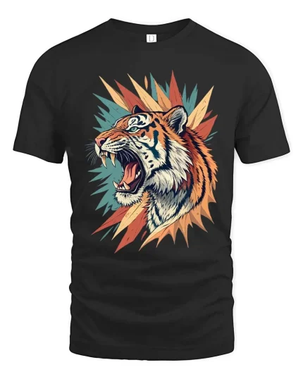 Fierce Roaring Tiger Graphic T Shirt Bold Wild Art Style Tee - black t-shirt on white background