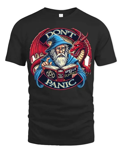 Dont Panic Wizard Dragon Graphic T Shirt Funny Fantasy Style - black t-shirt on white background