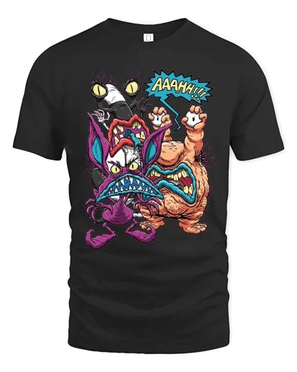 Funny Monster Battle Graphic T Shirt Cartoon Fight Art Tee - black t-shirt on white background