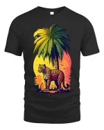 Tropical Leopard Sunset Graphic T Shirt Vibrant Jungle Art Tee - black t-shirt on white background