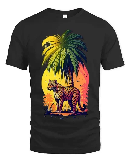 Tropical Leopard Sunset Graphic T Shirt Vibrant Jungle Art Tee - black t-shirt on white background