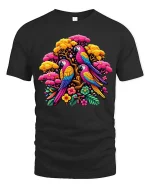 Vibrant Parrot Garden T Shirt Exotic Bird Floral Graphic Tee - black t-shirt on white background