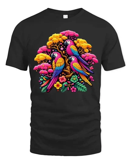 Vibrant Parrot Garden T Shirt Exotic Bird Floral Graphic Tee - black t-shirt on white background