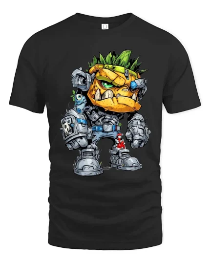 Mecha Beast Warrior T Shirt Sci Fi Cartoon Graphic Art Tee - black t-shirt on white background