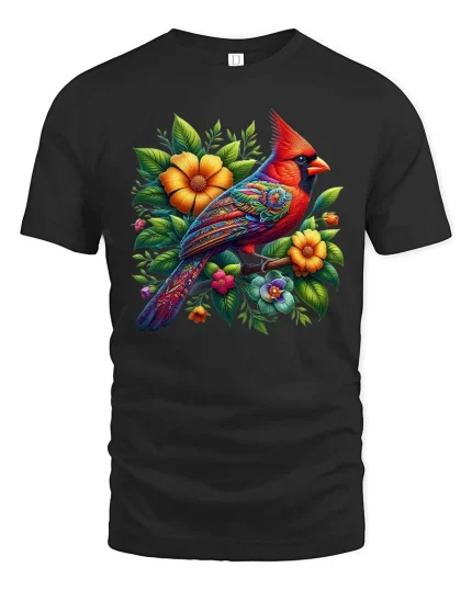 Artistic Cardinal Bird T Shirt Bright Flower Nature Design Tee - black t-shirt on white background