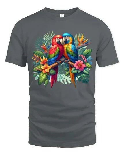 Exotic Macaw Birds T Shirt Colorful Nature Graphic Art Tee - gray t-shirt on white background