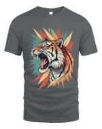 Fierce Roaring Tiger Graphic T Shirt Bold Wild Art Style Tee - gray t-shirt on white background