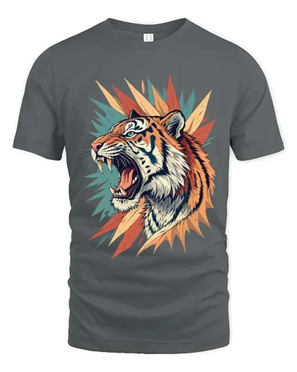 Fierce Roaring Tiger Graphic T Shirt Bold Wild Art Style Tee - gray t-shirt on white background