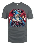 Dont Panic Wizard Dragon Graphic T Shirt Funny Fantasy Style - gray t-shirt on white background