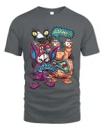 Funny Monster Battle Graphic T Shirt Cartoon Fight Art Tee - gray t-shirt on white background