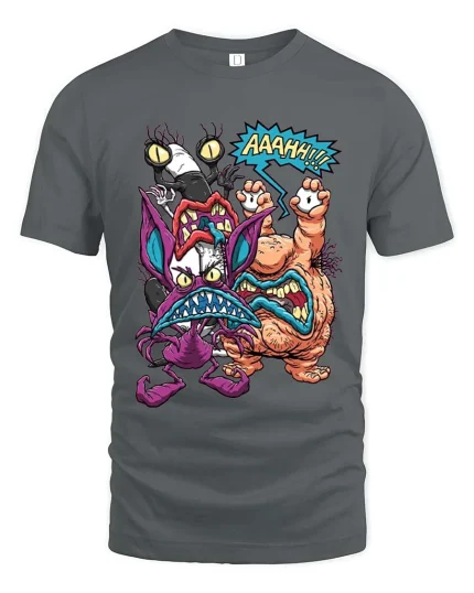 Funny Monster Battle Graphic T Shirt Cartoon Fight Art Tee - gray t-shirt on white background