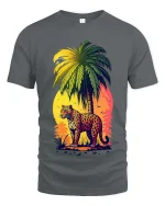 Tropical Leopard Sunset Graphic T Shirt Vibrant Jungle Art Tee - gray t-shirt on white background